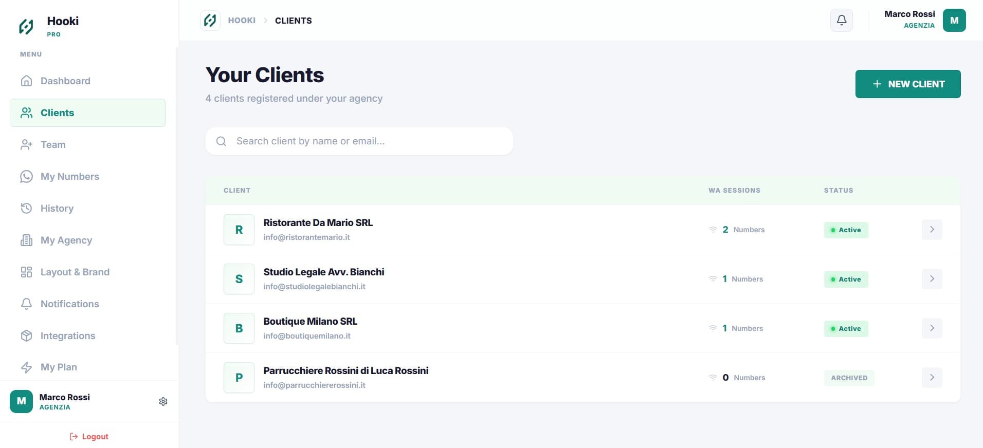 Hooki Pro dashboard — client list and WhatsApp sessions for agencies