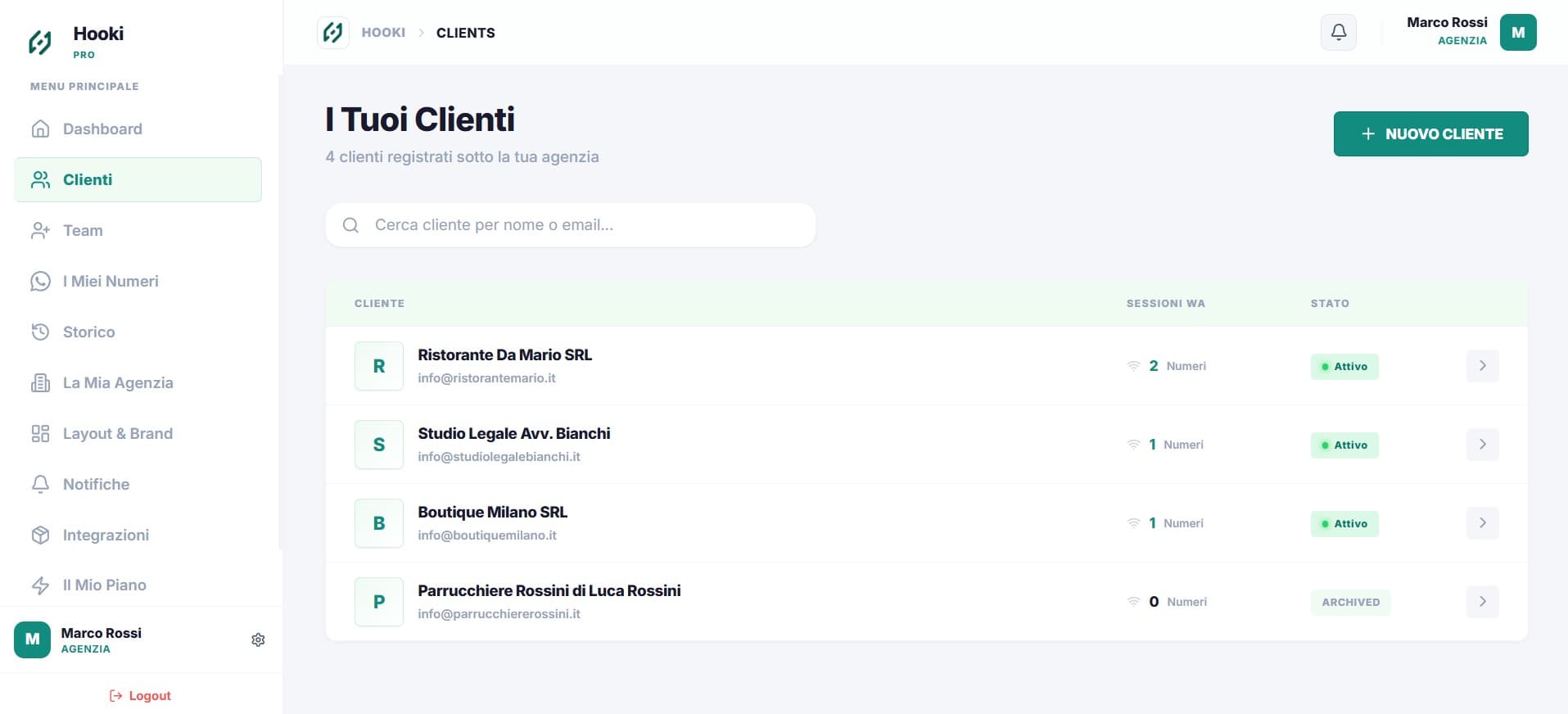 Dashboard Hooki Pro — gestione sessioni WhatsApp multi-tenant