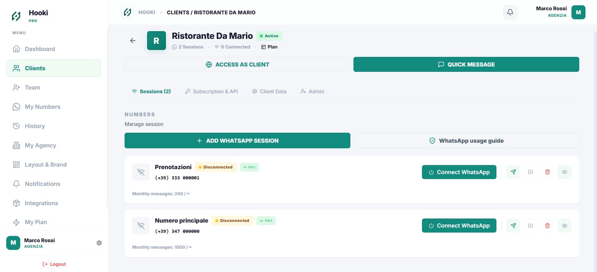 Hooki Pro — client management panel with sessions, subscription and API keys