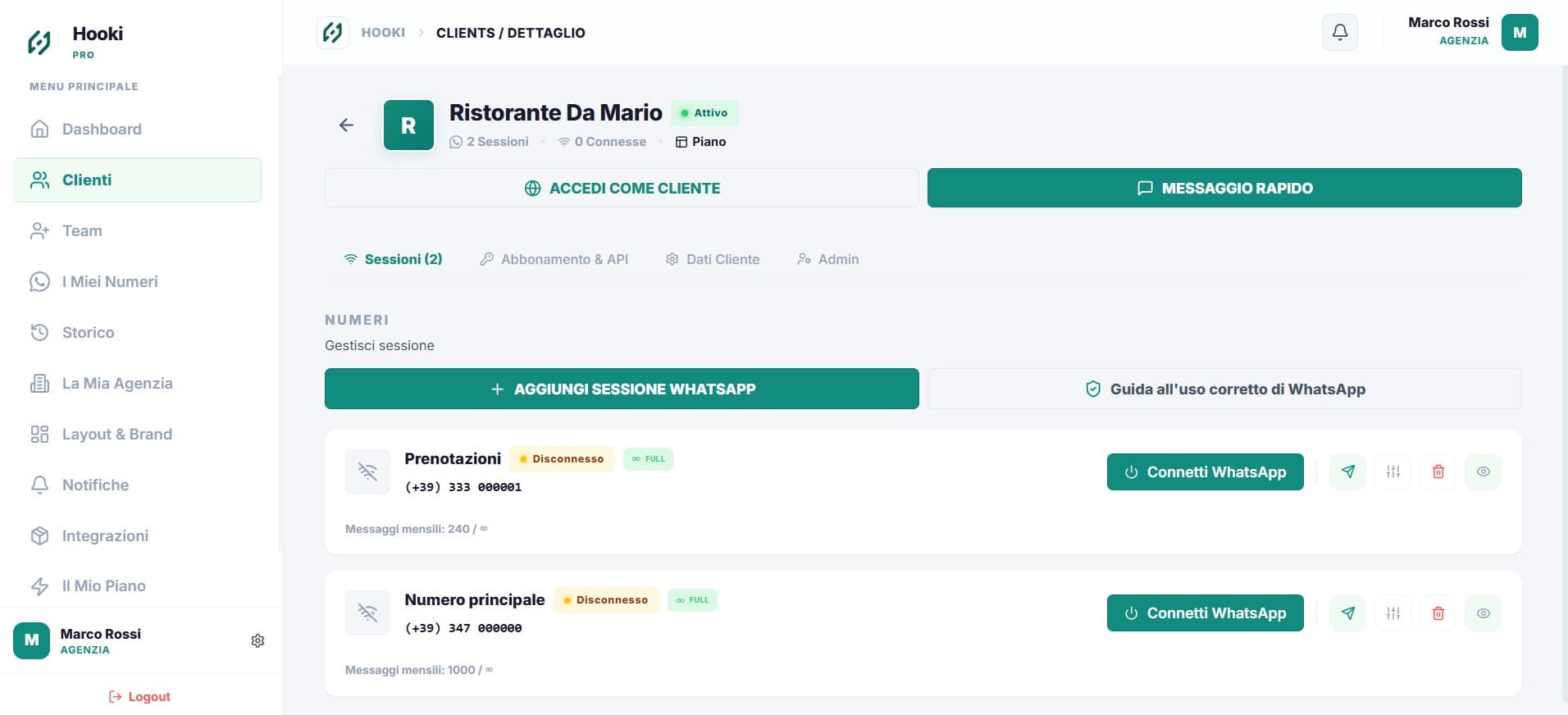 Hooki Pro — pannello gestione cliente con sessioni, abbonamento e API key