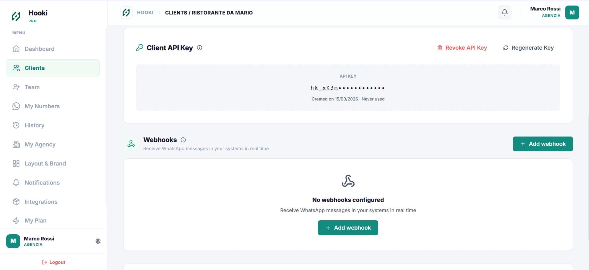 Hooki Pro — API REST e webhook, integrazione con sistemi esterni
