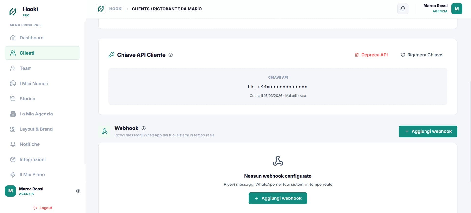Hooki Pro — API REST e webhook, integrazione con sistemi esterni
