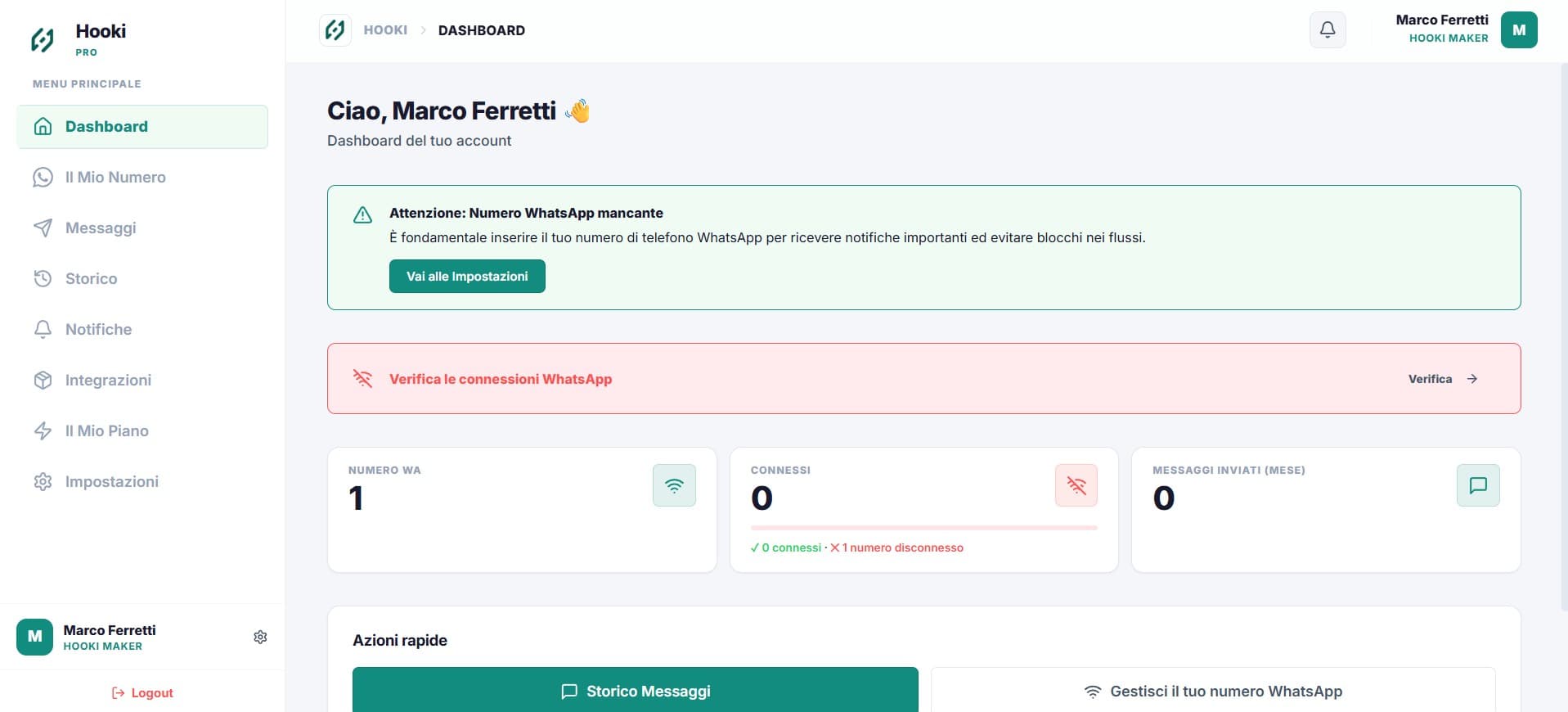 Dashboard Hooki Pro — maker, sessione connessa
