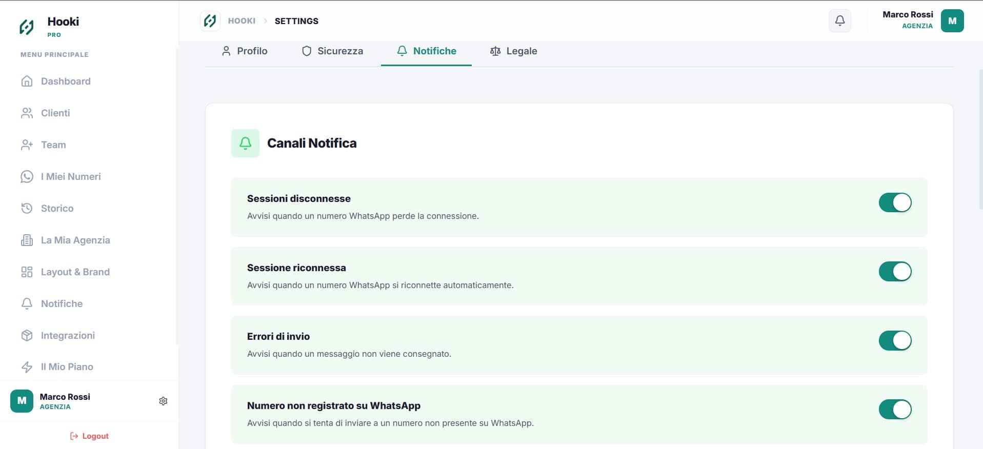 Centro notifiche Hooki Pro — alert sessione disconnessa
