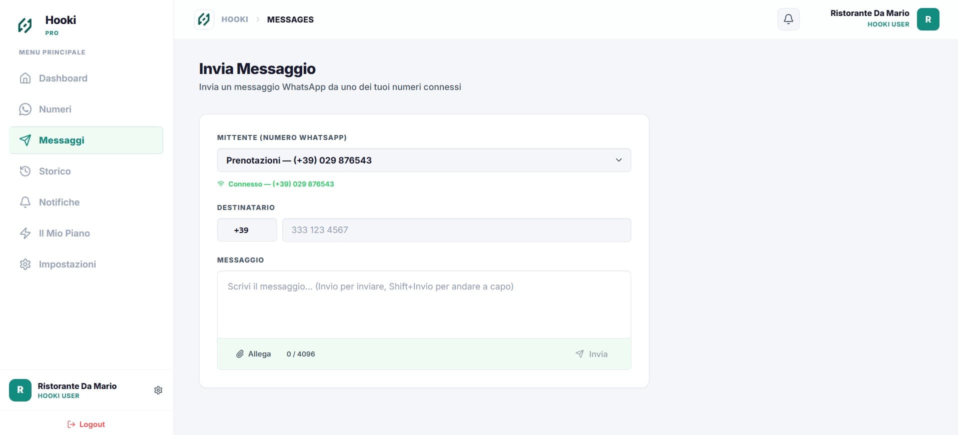 Hooki Pro — invio messaggio WhatsApp dalla dashboard