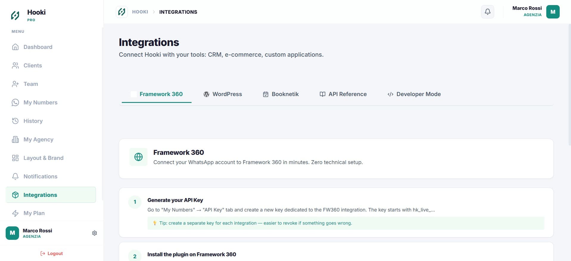 Ecosistema integrazioni Hooki — WordPress, API, Webhook, Framework 360, Booknetik