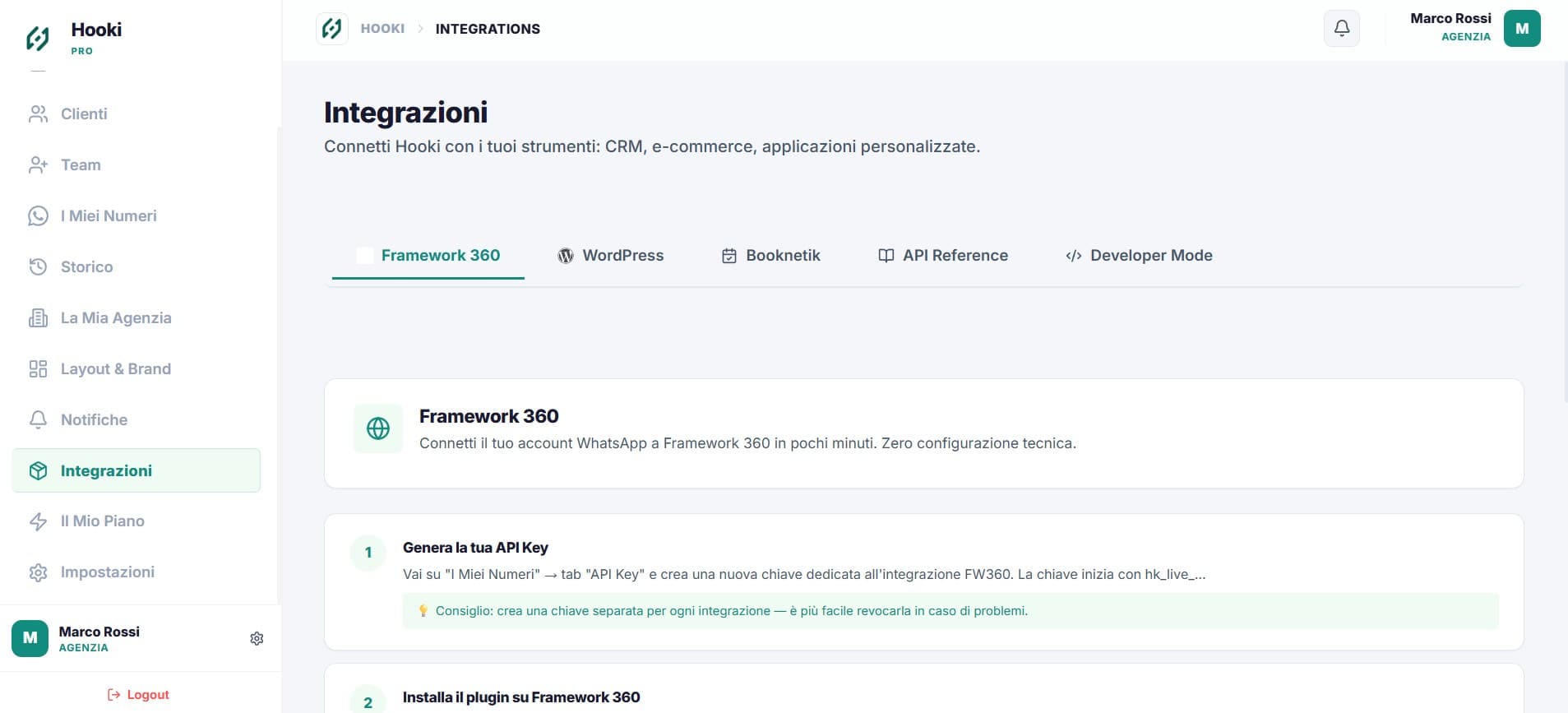 Ecosistema integrazioni Hooki — WordPress, API, Webhook, Framework 360, Booknetik