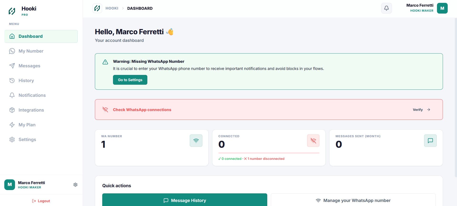 Hooki Pro dashboard — maker, connected session