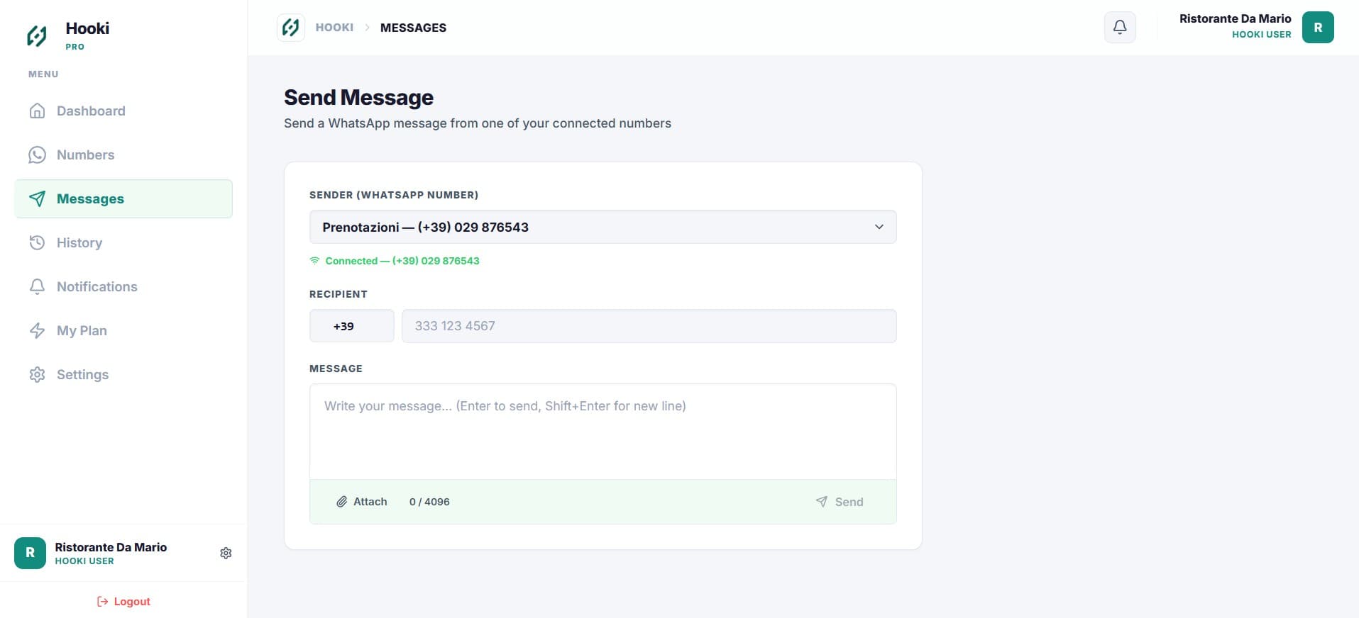 Hooki Pro — invio messaggio WhatsApp dalla dashboard